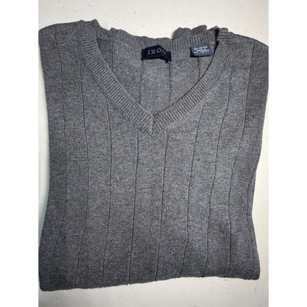 IZOD Men’s Gray V-Neck Sweater Size Large 100% Cotton Ribbed Knit